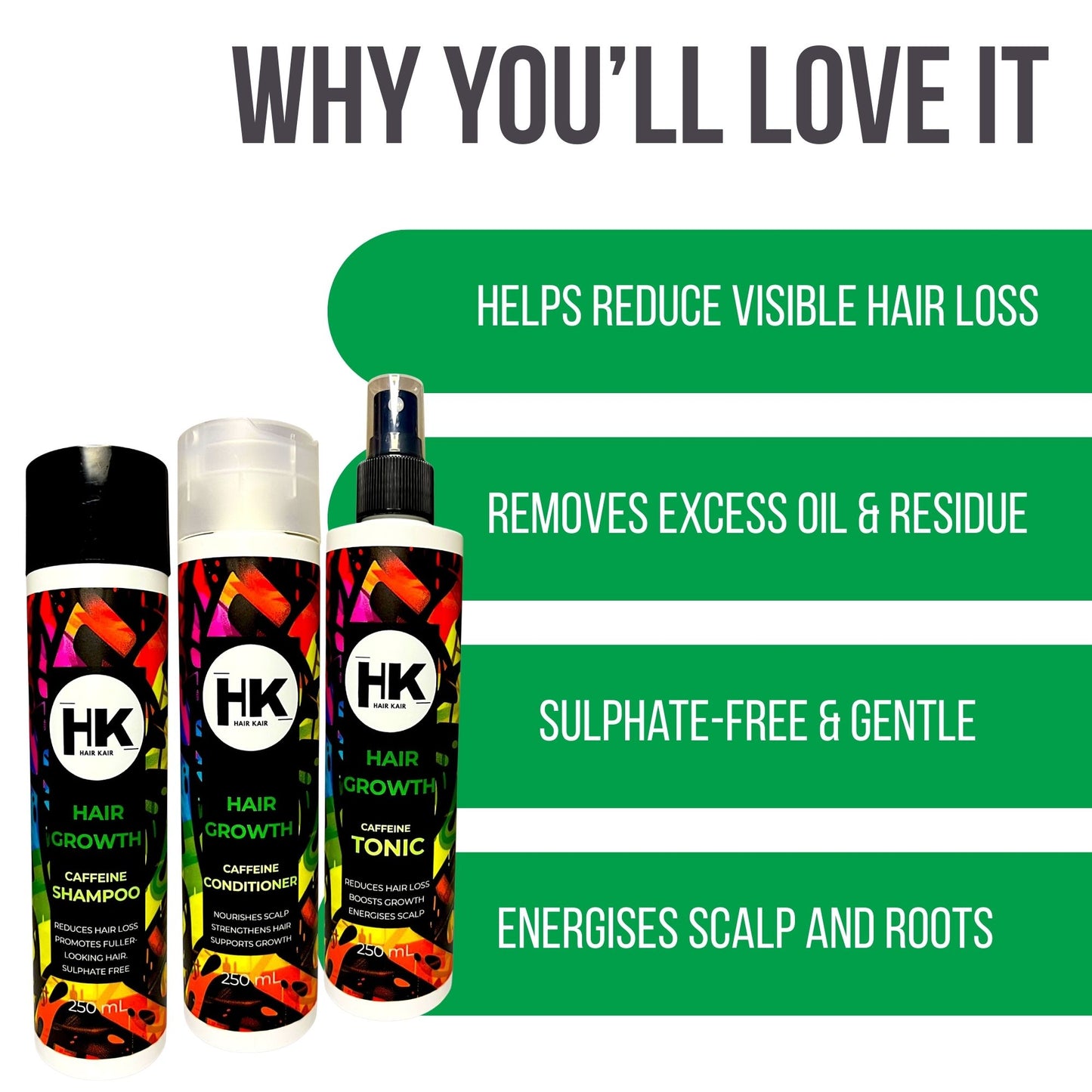 HK Caffeine Hair Growth Trio - Shampoo, Conditioner & Tonic 250ml