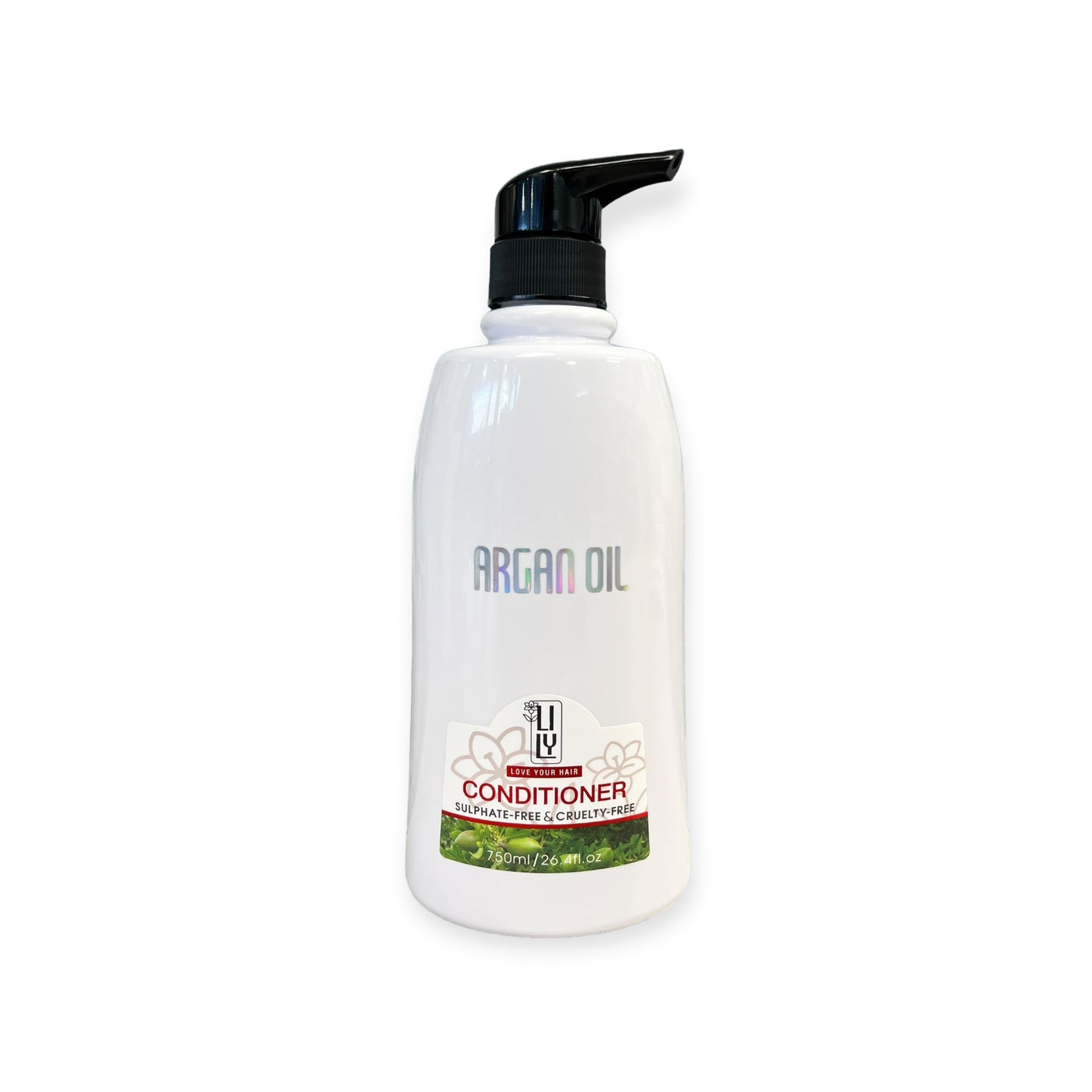 Lily Argan Oil Conditioner 750ml bottle, moisture-rich salon quality for medium to thick hair types.