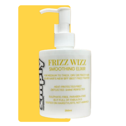 Smply Frizz Wizz Smoothing Elixir 250ml, lightweight styling serum for a high-shine, frizz-free salon finish.